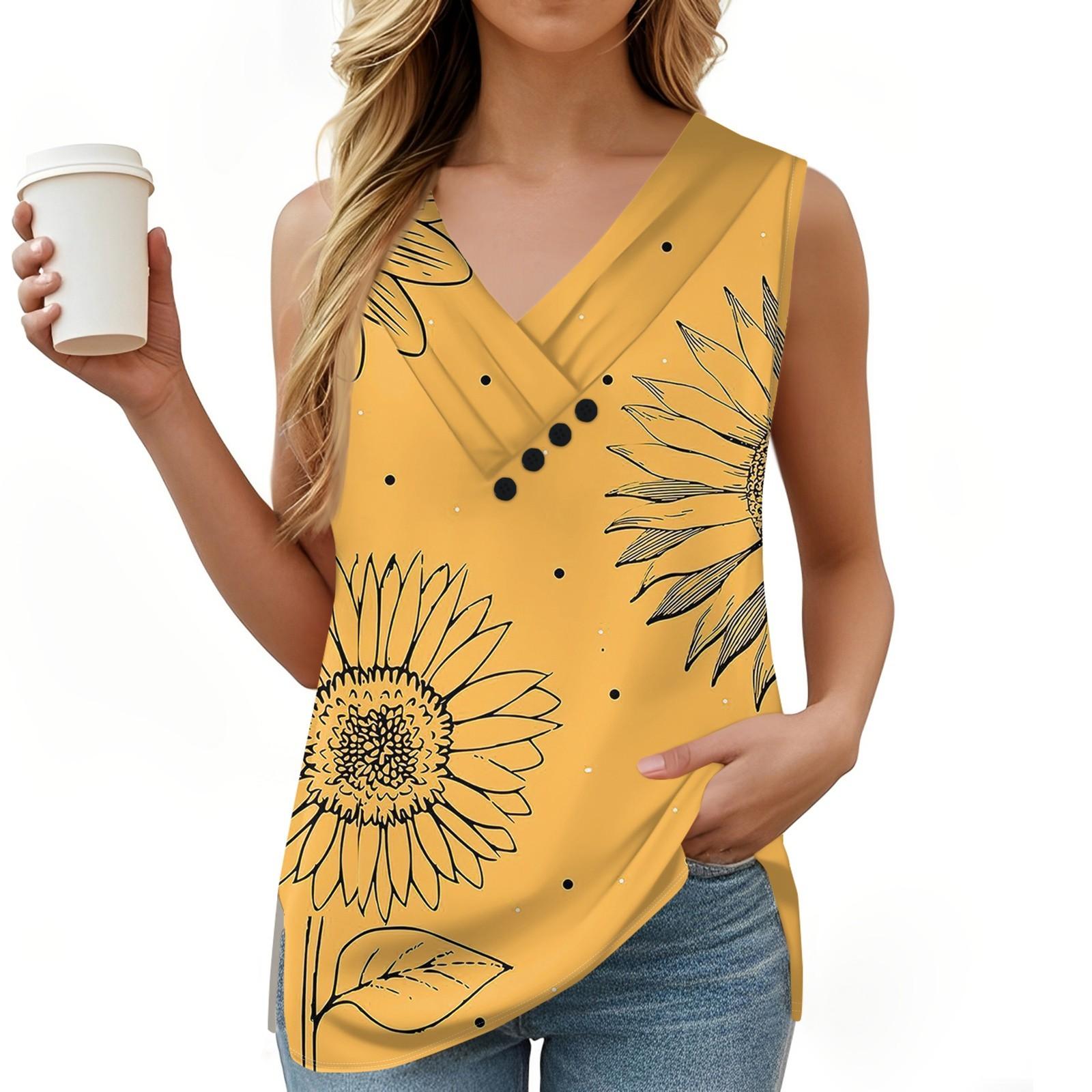 

Женская майка с винтажным цветочным принтом, летняя футболка на пуговицах с V-образным вырезом, свободный модный топ без рукавов XL жёлтый