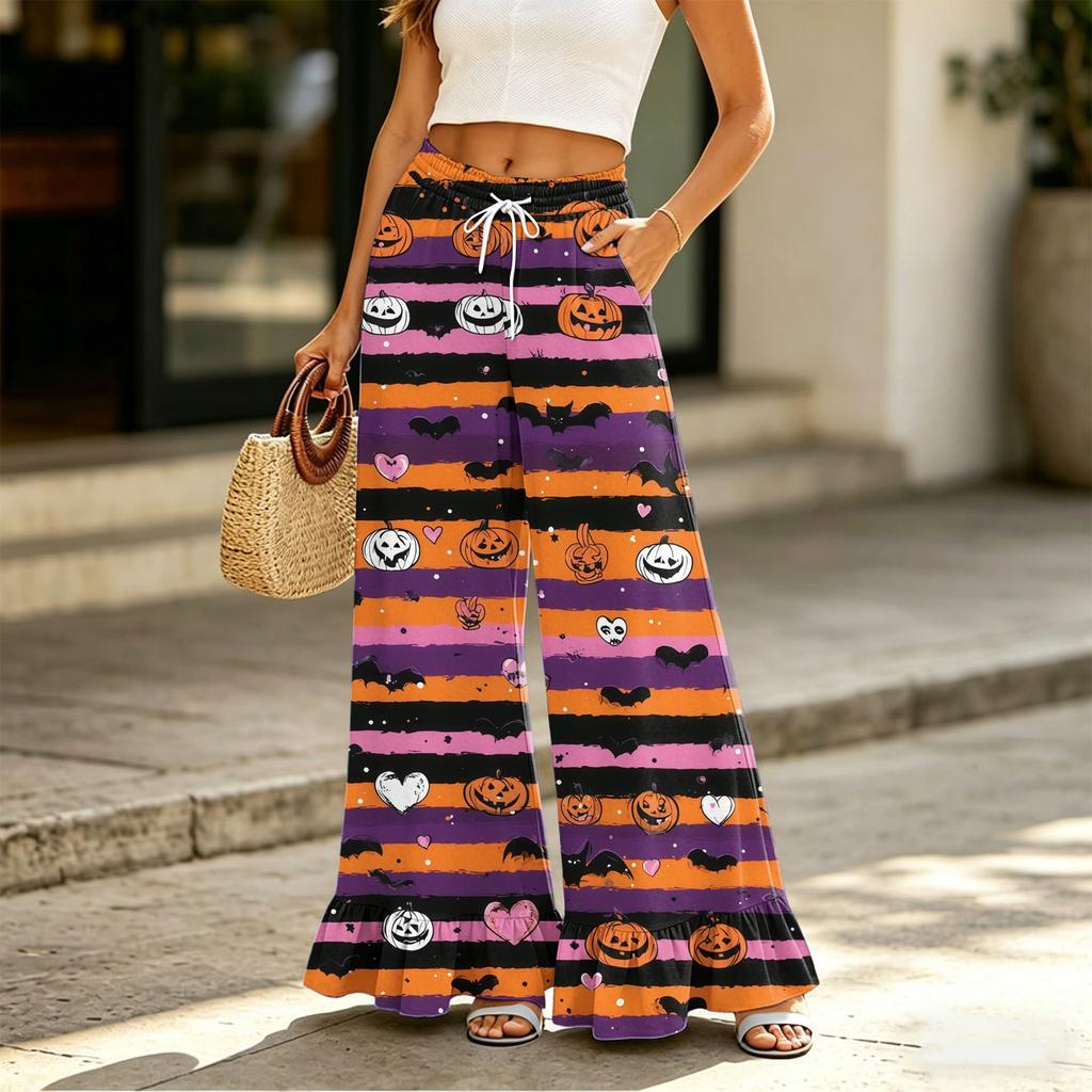 Pantaloni Larghi da Donna con Tasche Vita Alta Coulisse Vestibilità Larga Pantaloni Casual Stampa Halloween Leggeri Comodi
