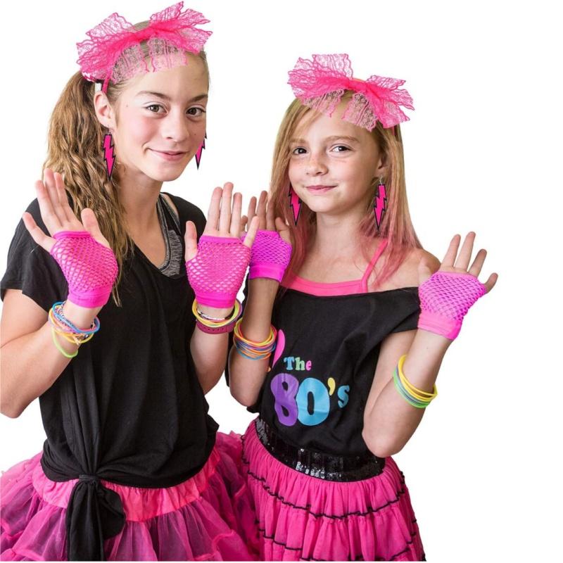 Halloween 80s Fancy Party Costume Set Lace Headband Neon Earrings Fingerless Fishnet Gloves Accessories Women Clothing Typical