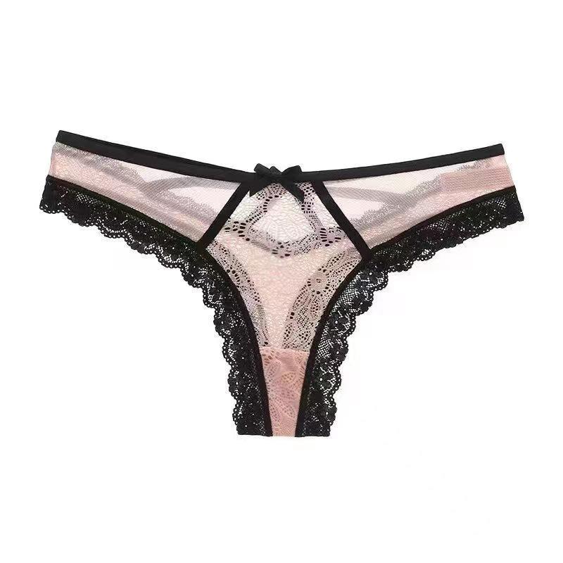 Women’s Flower Embroidery Sexy Thong Spicy Girl Lace Transparent Underpants Thin Summer Hollow Out Panties Bow Briefs
