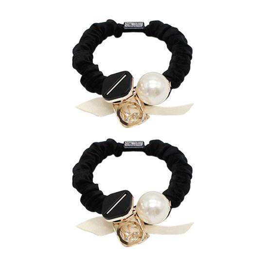 2Pcs Hair Tie High Elasticity Rhinestone Faux Pearl Hair Scrunchie Soft Pleated Fabric No Hair Damage Ponytails Buns Hair Accessories