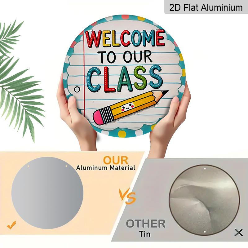 Plat 2D, 1 pièce Panneau Rond en Aluminium « Bienvenue Dans Notre Classe », Design Mignon Smiley Crayon & Carnet, Décoration Murale de Salle de Classe à Pois Vifs, Imperméable