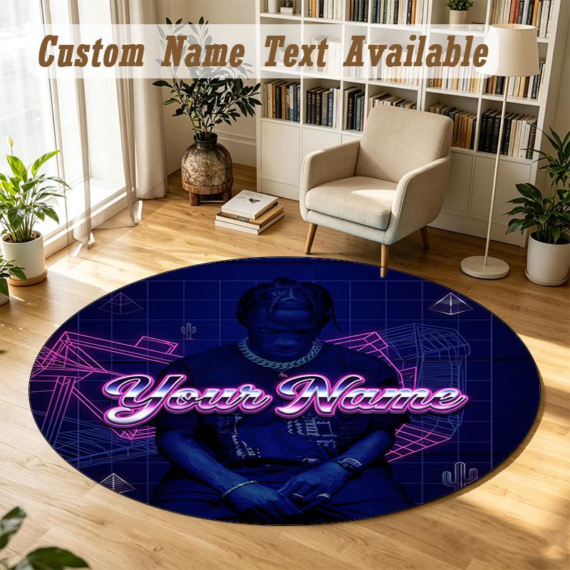 Round Rug Custom NameTravis Scott Pattern Non Slip Carpet Home Floor Decor