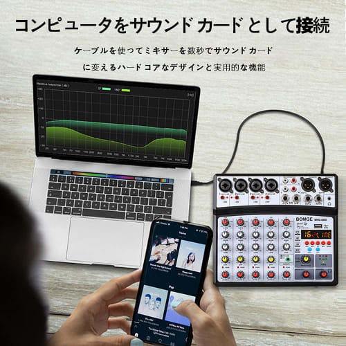 BOMGE 6-Channel DJ Audio Mixer with MP3, USB, Bluetooth, 48V Phantom Power, 5V Power Supply, and 16 DSP Echo Effects for Live Performances, Music, Kar