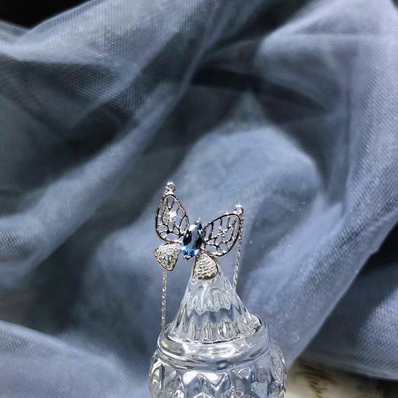 Серебряное ожерелье-бабочка S925 с голубым аквамарином - Женское роскошное, стиль 2021 года, полая прочная цепочка