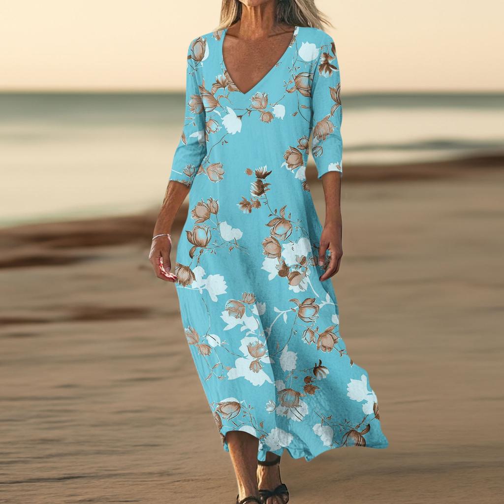 Dresses For Womens Vintage Print Tunic Waisted Midi Dress Summer Casual  3/4 Sleeve Dress