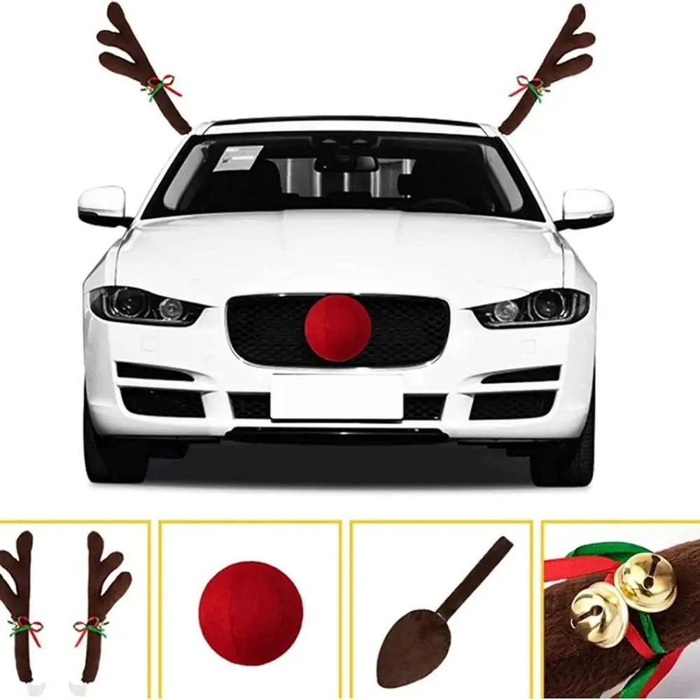 Christmas Car Decoration Antlers Red Nose Set Reindeer Decoration Vehicle Red Nose Elk Horn Decor Set