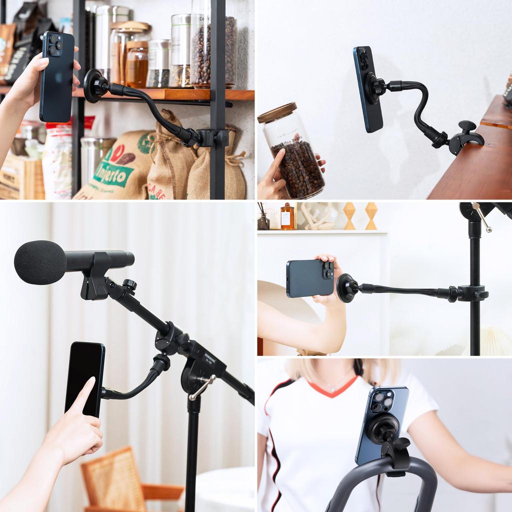 Magnetic Music Stand Phone Holder with Fitness Bike Clip, Smartphone Arm Stand with 360° Rotation, Compatible with iPhone 15, 14, 13, 12, Pro, Max,