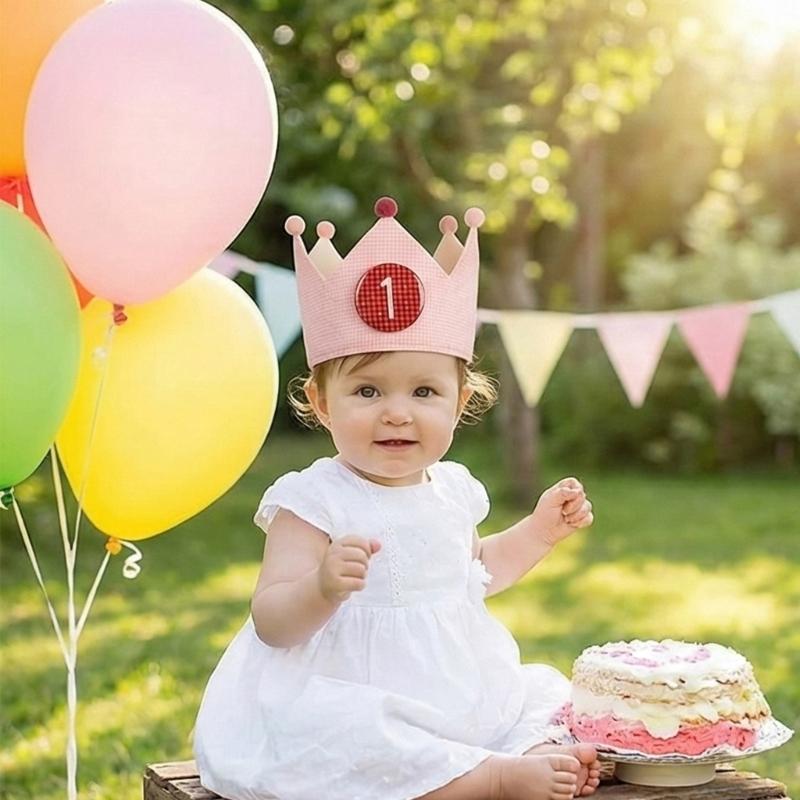 Adjustable Kids Birthday Crowned Hat Soft Cotton Fabric for Photoshoots 0 To 9 Years Reusable Props with Badges