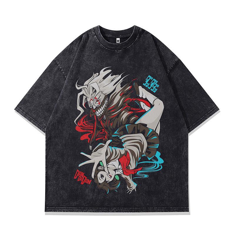 TKPA Vintage Anime Distressed Short Sleeve T-Shirt for Men & Women - Dark Style Retro American Heavyweight.