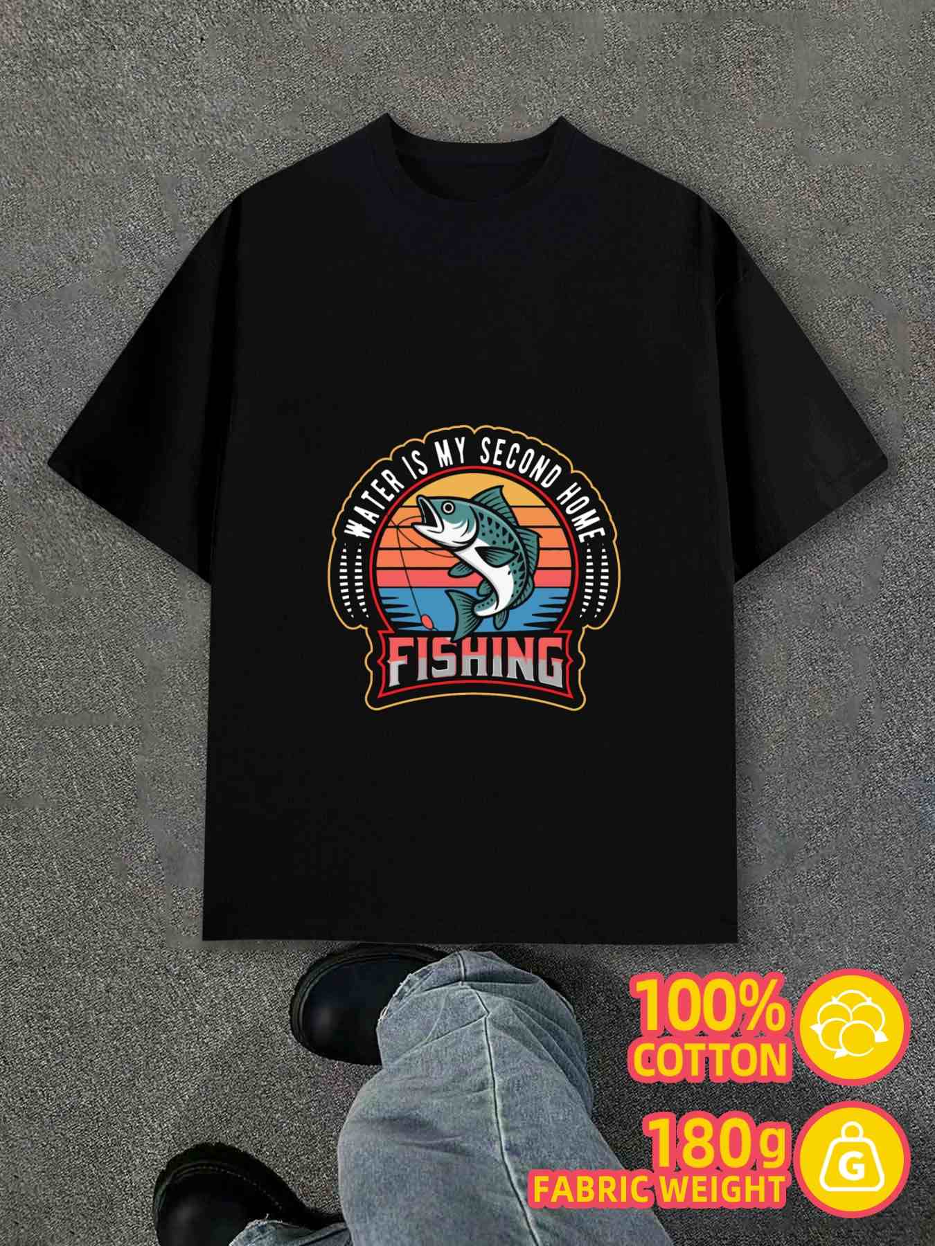 Men s T-Shirt Y2K Fishing Water Shirts Cotton Black M