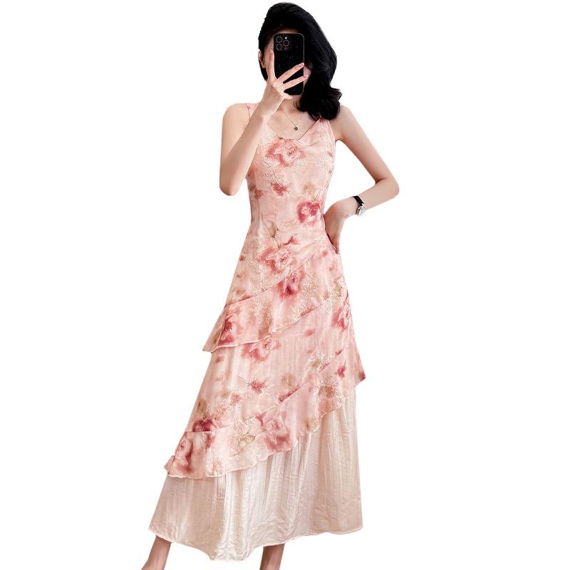 

Потрясающее розовое платье с цветочным принтом на тонких бретельках - Женское приталенное платье без рукавов, длинное, для весны и лета S розовый