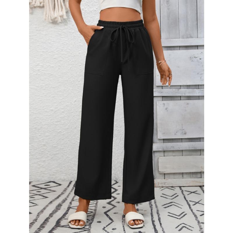 Summer New Women's Casual Drawstring Flowing Trousers Wide Leg Pants with Pockets