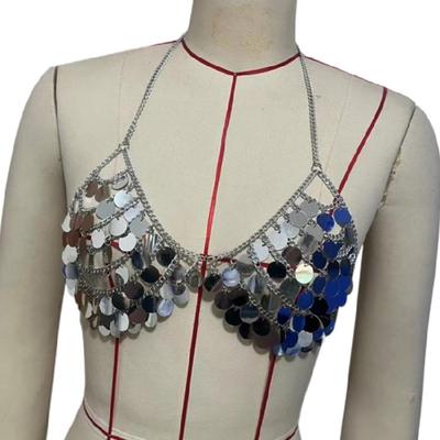 Bohemian Tanzkostüm Neckholder-BH Pailletten Metallkette Partykleidung für Latin Dance Club oder Urlaubsbekleidung