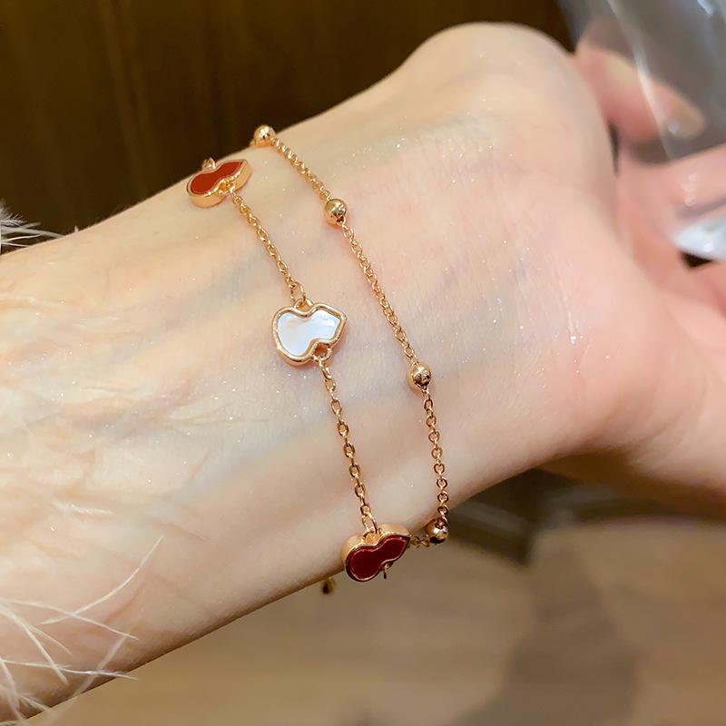 Mother-of-Pearl Double-Layer Gourd Pendant Bracelet - Chic Chinese Style Luxurious Hand Jewelry