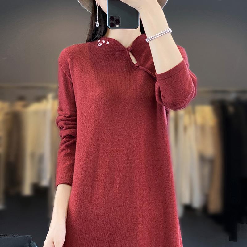 Women's Cashmere Dress Qinghe Cashmere 70% Wool 30% Cashmere Women's Autumn and Winter Cashmere Dress Soft and Warm