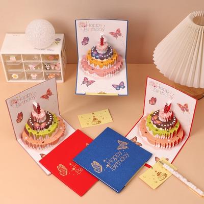 1pc Colorful Handmade 3D Birthday Greeting Card with Butterfly Cake Design - Foldable Pull-out Inner Card for Custom Wishes