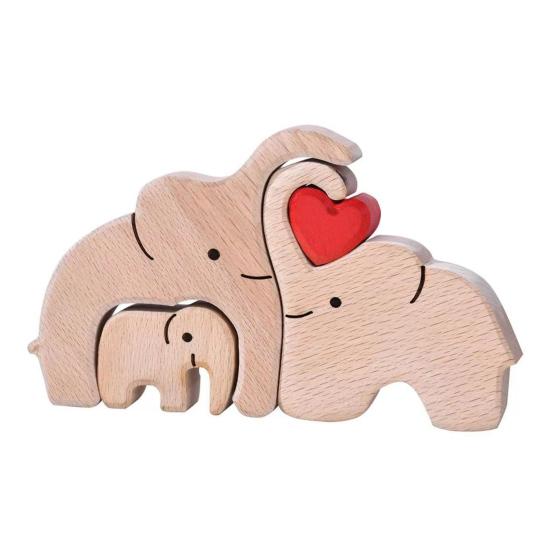 Wooden Elephant Family Puzzle Ornament Love Heart Mother Father Baby