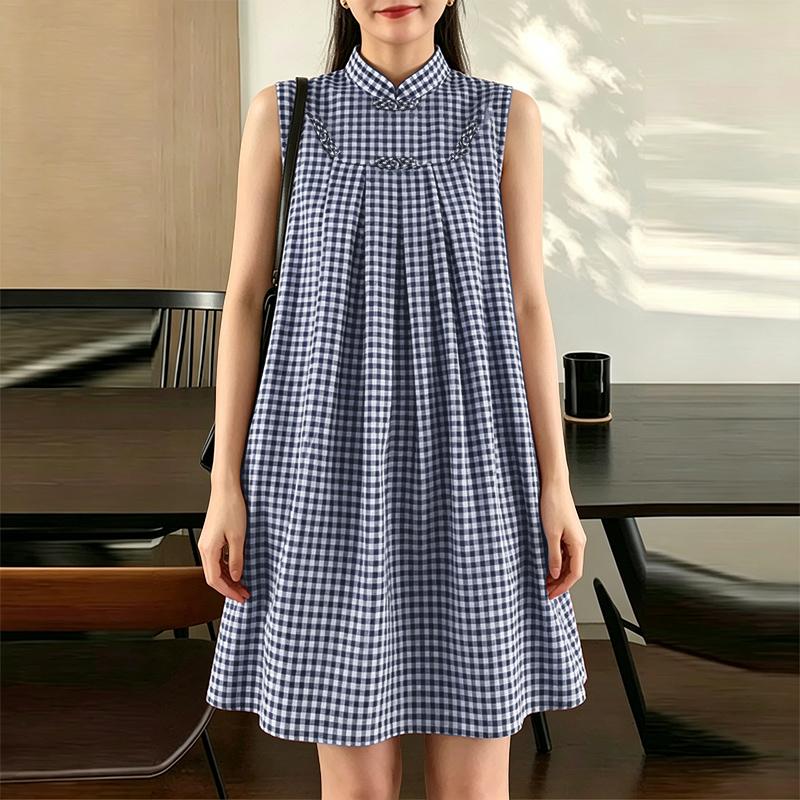 ZANZEA Women Casual Stand Collar Summer Sleeveless Plaid Print Dress S