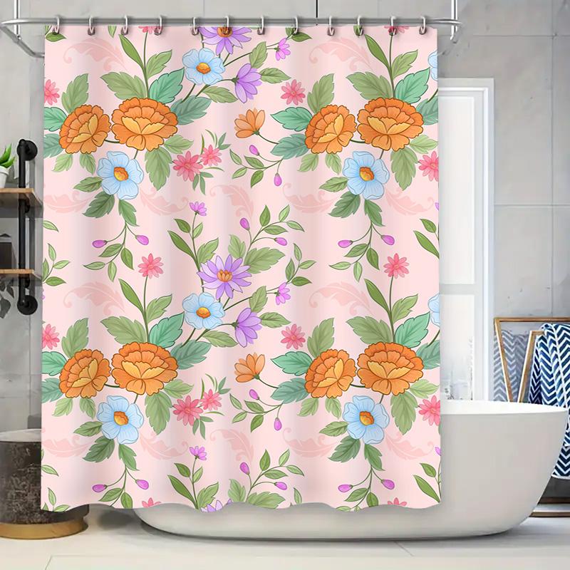 

Vibrant Floral Shower Curtainpink Bath Mat Decor With Orange Flowers Blue Blossoms Perfect For A Bright Bathroom Update! W60H190(CM)-1 Pcs