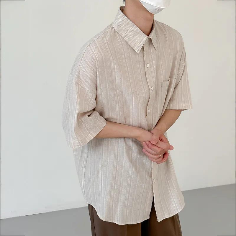 

Men s Beige Striped Linen-Look Short Sleeve Shirt Casual Oversized Button-Down with Chest Pocket S хакі