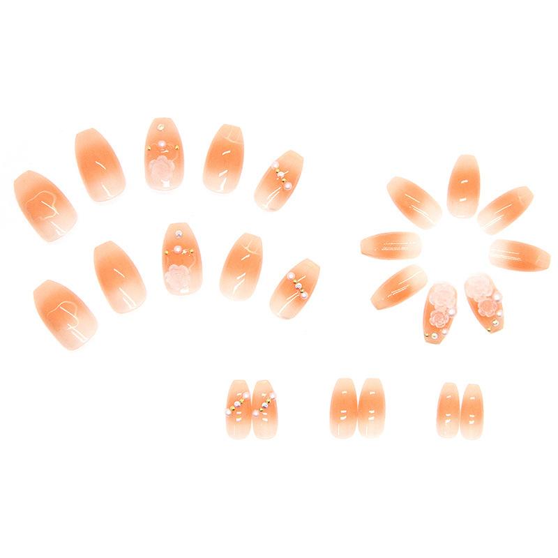 24 Pieces Diamond Wearing Armor 24 Pieces Light Change Camellia Three-dimensional Relief Pearl Camellia Fake Nails Blush Smudge Short Ballet