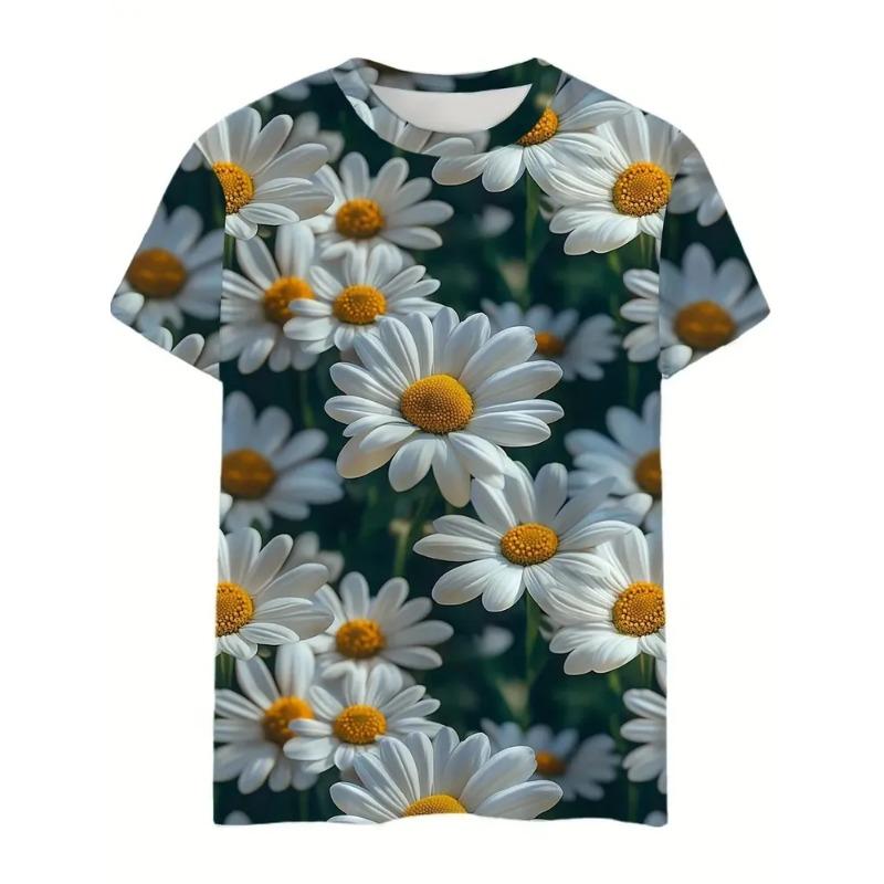 Women's Summer Round Neck Short Sleeved T-shirt Paired with 3D Floral Print Casual Top Breathable and Machine Washable Suitable for Outdoor Daily Wear