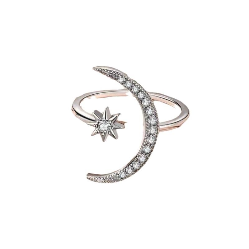 Crescent Moon Star Zircon Open Rings Engagement Wedding Rings for Bride Princess