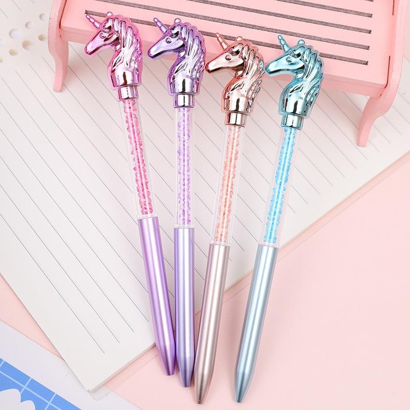 4Pcs Cute Unicorn Crystal Ballpoint Pens Creative Diamond Rotating Blue Writing Ballpoint Pen Unicorn Cat Love Style