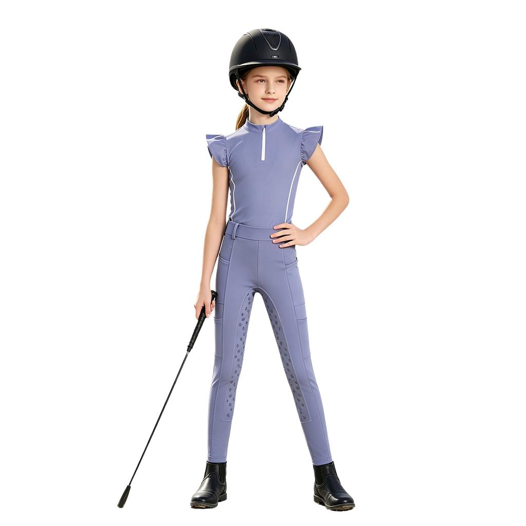 Mädchen Reitsport Reiten Reißverschluss Stehkragen Rüschenärmel Kontrastbesatz Oberteil Anti-Rutsch Vollbesatz Reithose Outfit