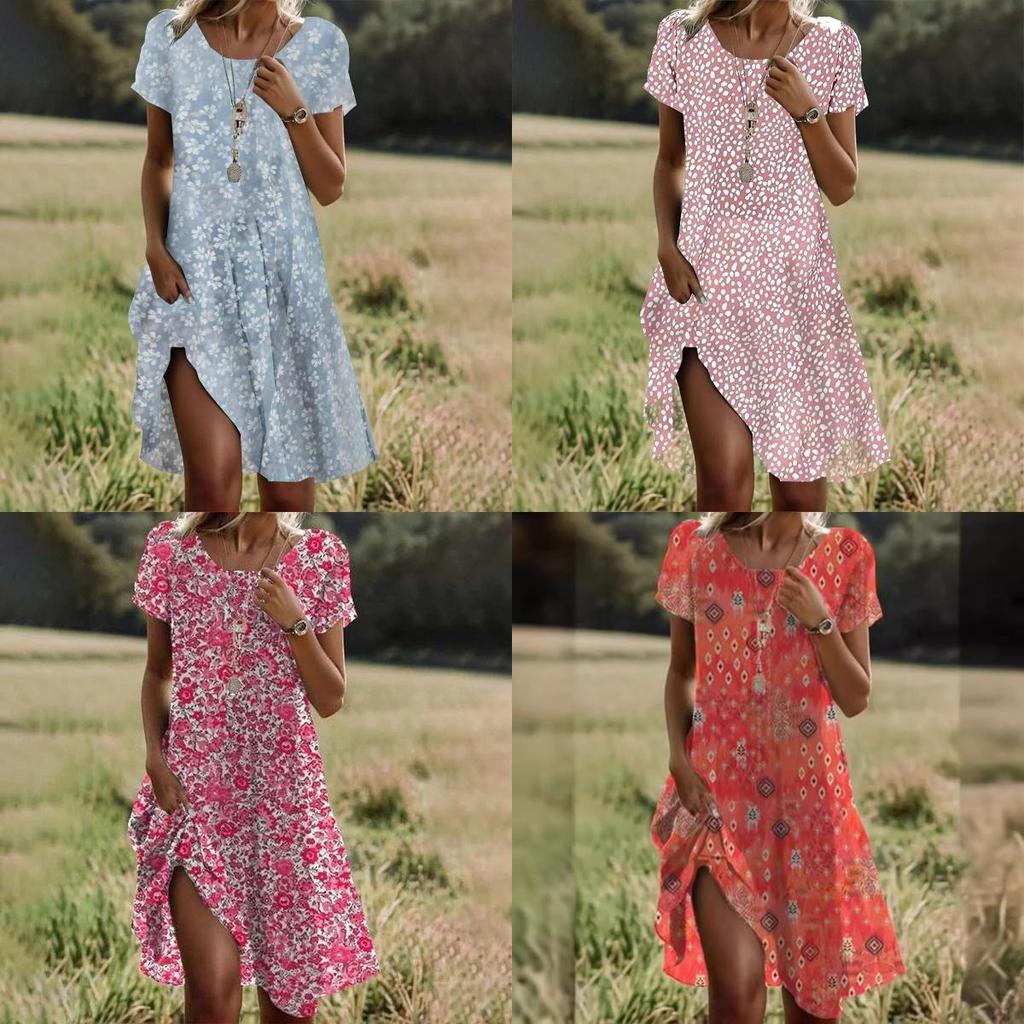 Mittellanges Kleid im Ethno-Stil aus Polyesterstoff mit Blumenprint für den Sommer