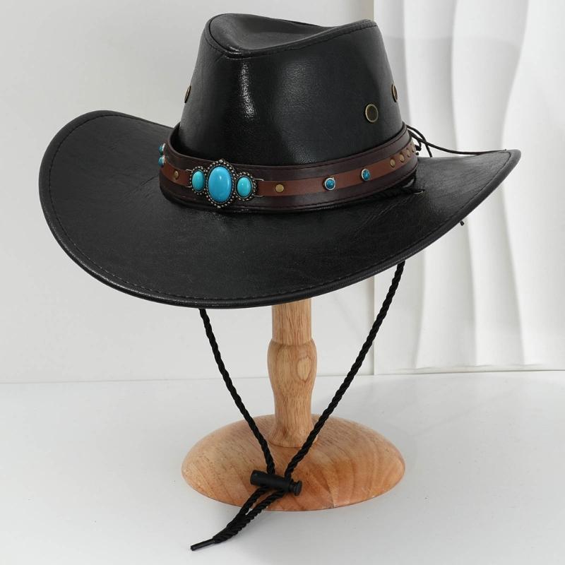 PU Leather Hat Unisex Western Hat Wide Border Hat Sun Protecting Hats Hiking for Western Themed Celebrations