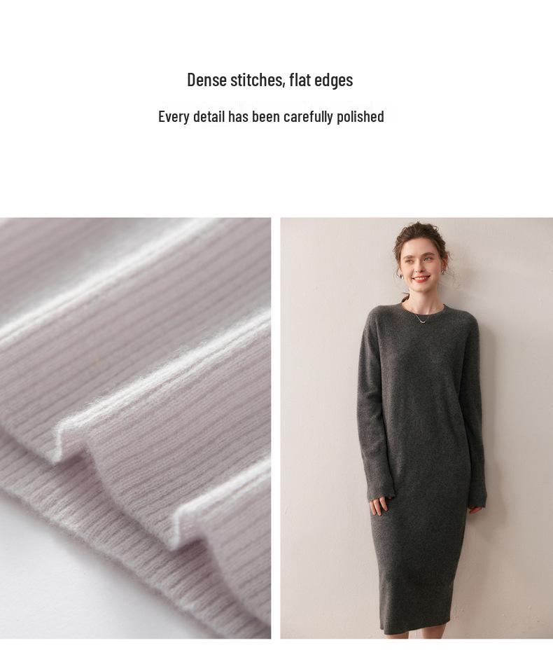 Autumn/Winter Women's Thick Solid Cashmere Knit Dress - Long Loose Wool Skirt
