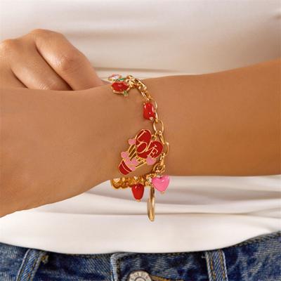 Valentine Day Bracelet Rose Flower Heart Letter Charm Adjustable Length Bracelet Girlfriend Birthday Present