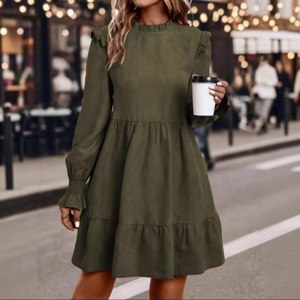 Women's Long Sleeve Round Neck Pullover Princess Dress with Elastic Waist for Casual Wear