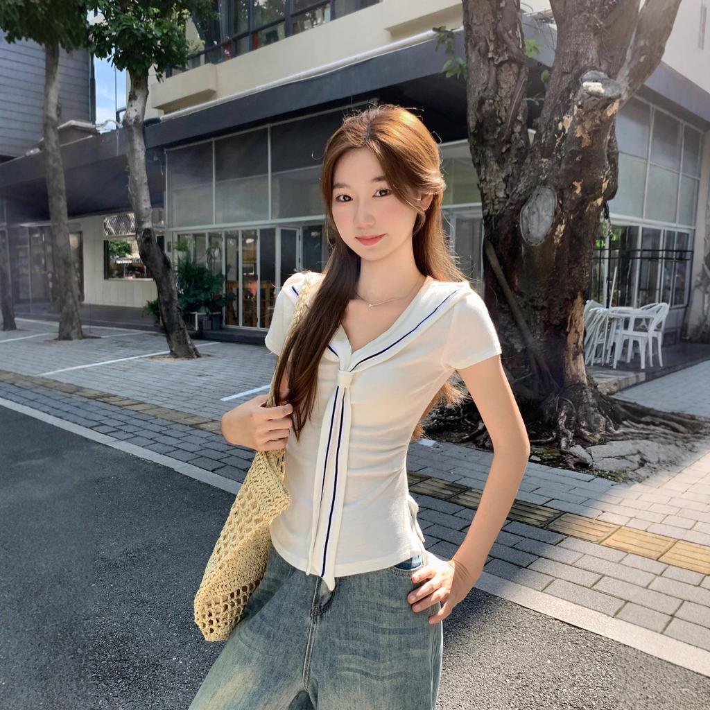 Academy Shawl Fake Two-piece Short-Sleeve T-Shirt Women's Navy Collar Slim and Skinny Summer Chic Beautiful Shirt Top