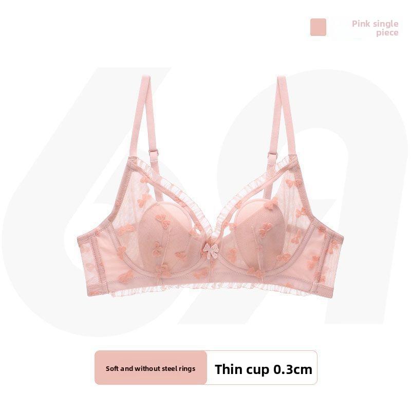 French Coquette Lace Thin Cup Wireless Bra, Girly Push Up Comfort Small Bust Women Bra