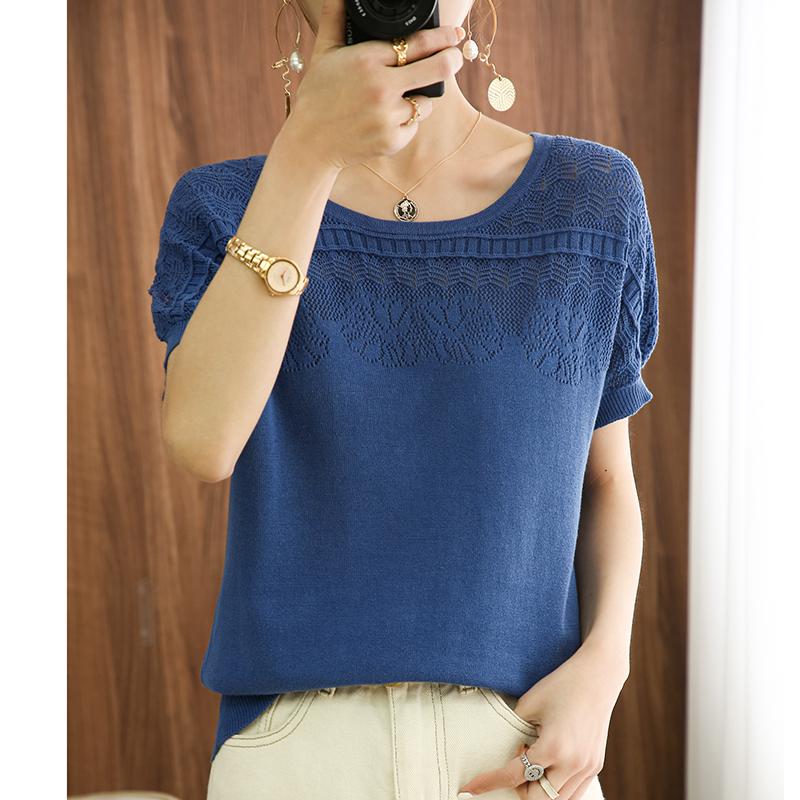 WTEMPO T-shirt Women's Summer Round Neck Pullover Short Sleeve Casual Solid Color Cut-out Knitted Women's Loose Top