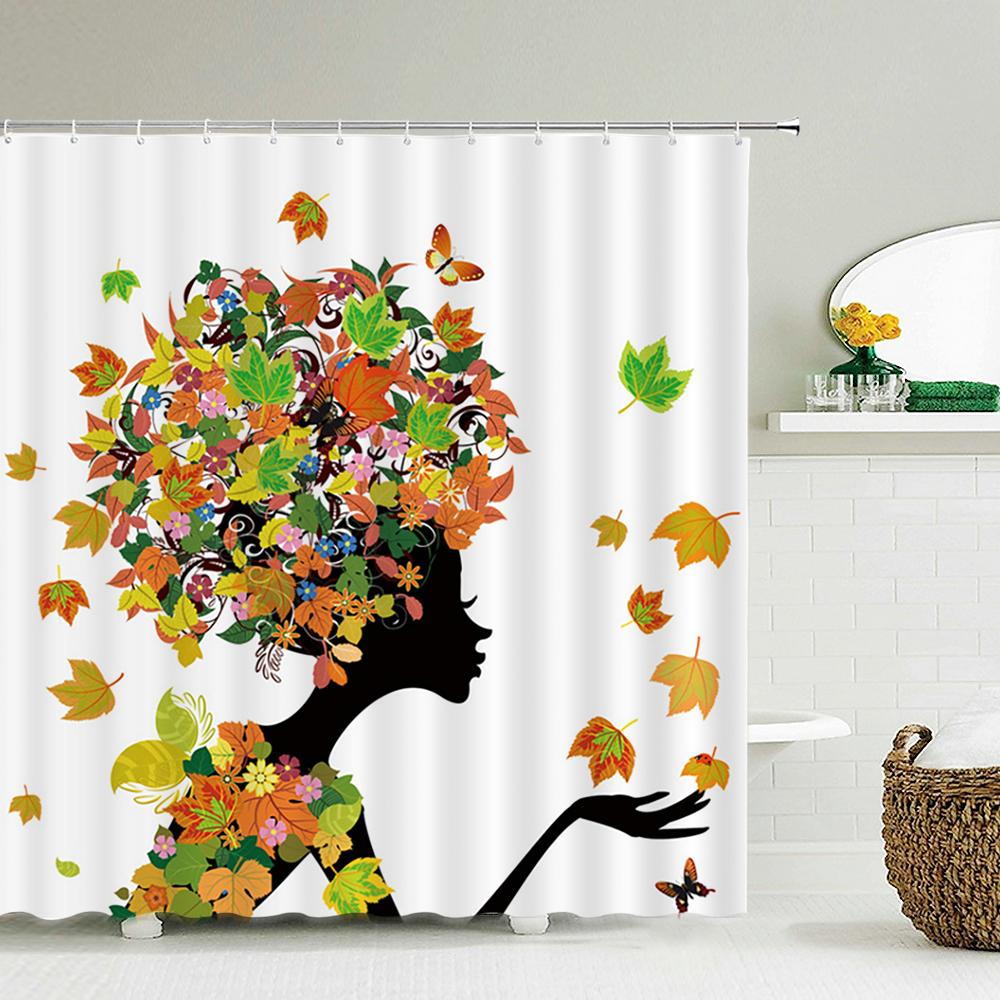 Butterfly Flower Girl Bathroom Curtain Polyester Waterproof Fabric Shower Curtain Valentine's Day Heart Pattern Bathtub Screen