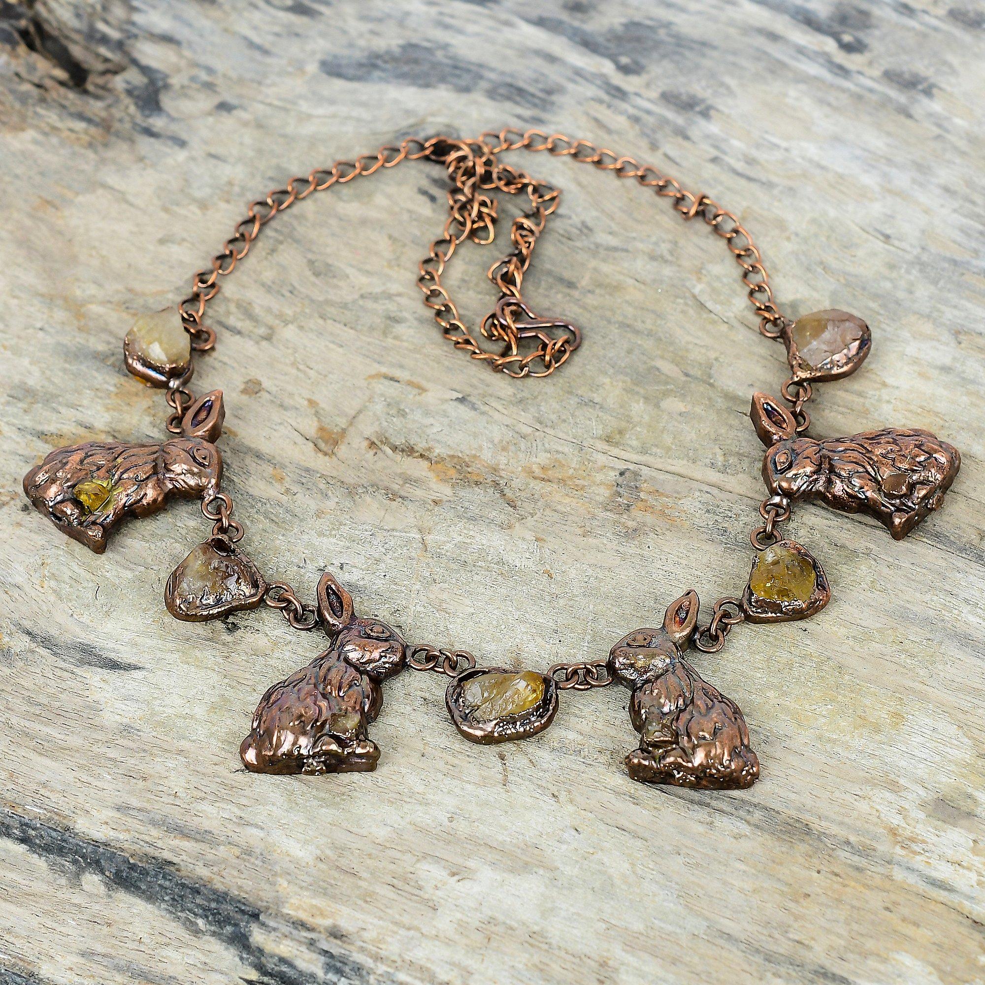 

Citrine rough necklace electroformed copper adjustable chain necklace handmade jewelry rabbit necklace for gifts original gemstone jewelry Adjustable