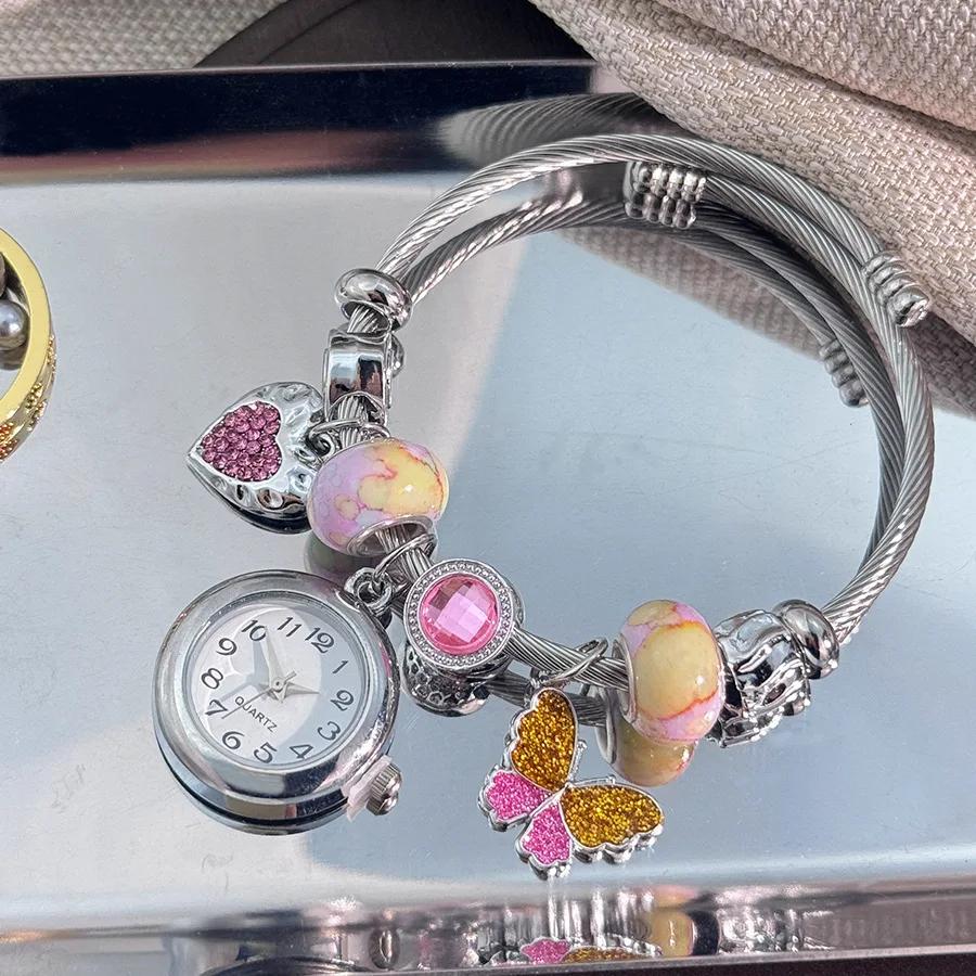 

Exquisite Gold Bracelet Watches for Women Adjustable Opening Alloy Bracelet Quartz Wristwatches Beaded Fashion Accessories