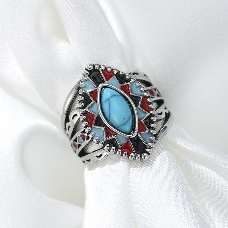 Bohemian Style Fashionable Imitation Turquoise Two Tone Enamel Ring, Anniversary Jewelry, Suitable for Both Men and Women