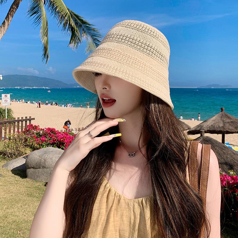 Women's Summer Japanese Style Bucket Fisherman Hat Hollow Out Breathable Foldable Basin Hat Face Slimming Sun Hat