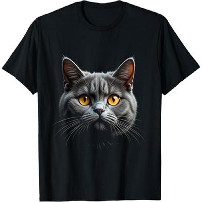British Shorthair Cat Realistic Face Art Black T-Shirt