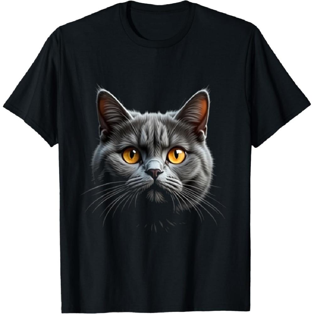 

British Shorthair Cat Realistic Face Art Black T-Shirt S
