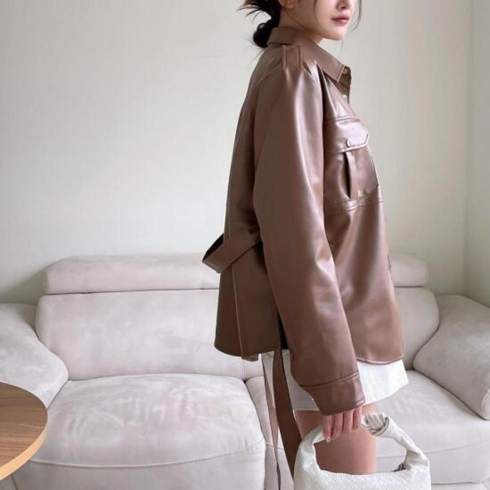 New Arrivals Open Run Women Leather Check Contrast Belted Shirt Jacket
