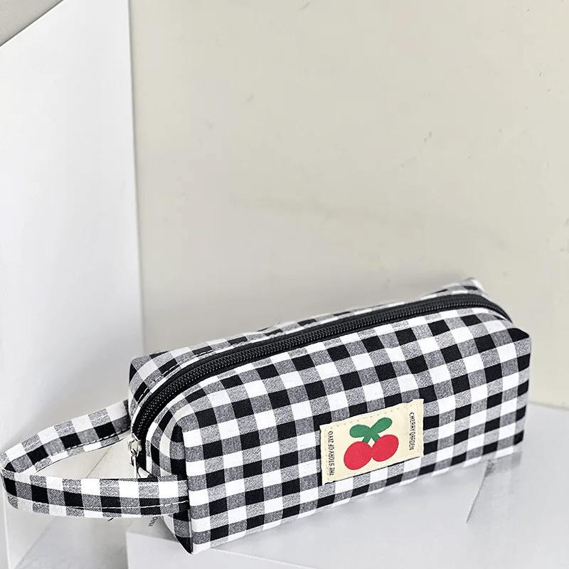 Checkboard Embroidery Pencil Bag Portable Stationery Bag High Capacity Kawaii Pens Women Girls Makeup Bags School Supplies