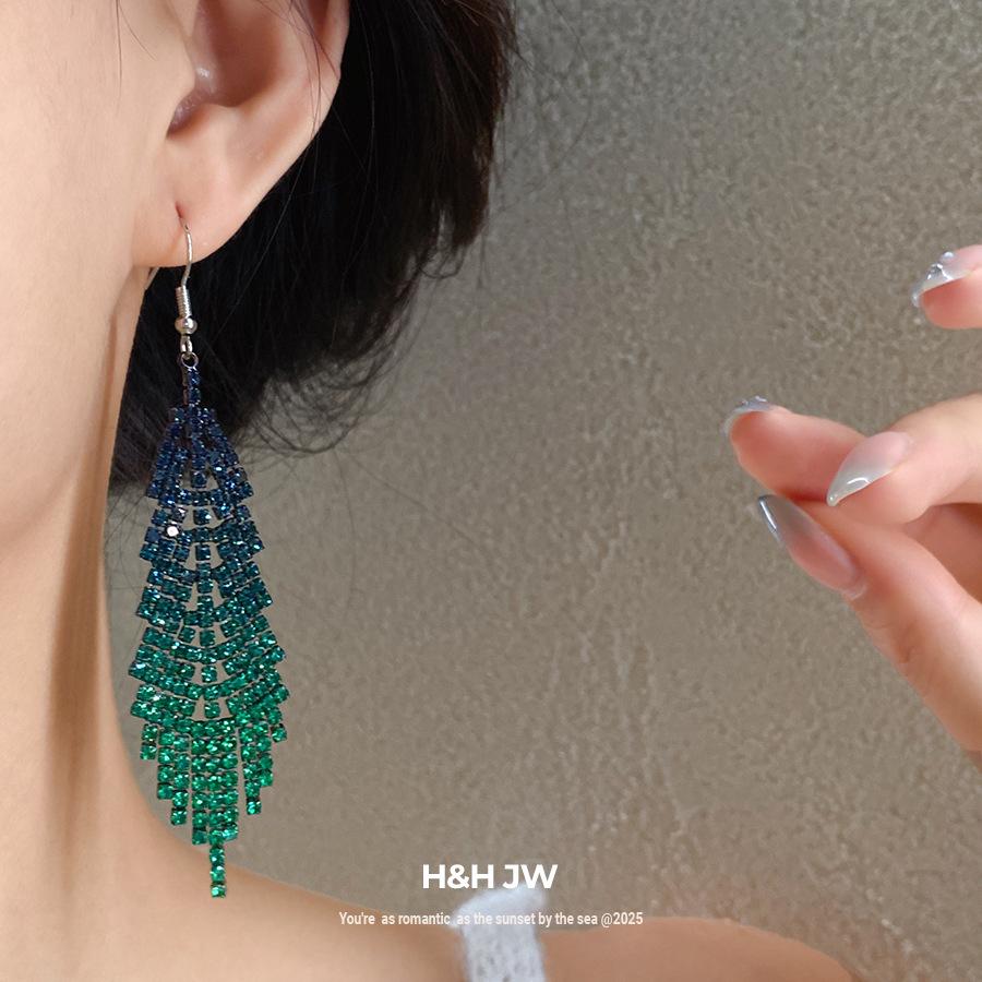 Diamond feather long fringed ear hook light luxury high-end earrings European and American fashion niche temperament earrings women