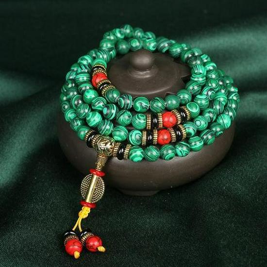 Malachite Buddhist Rosary: 108 Bead Bracelet, 8mm Round Beads for Men & Women
