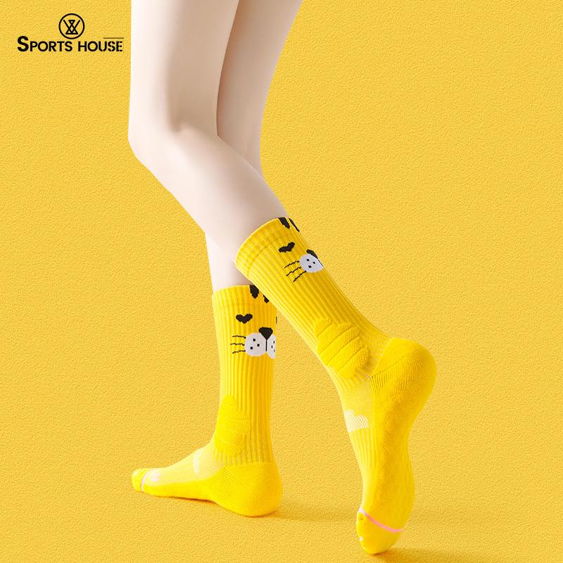 SPORT'S HOUSE Women's mid-tube sports socks Cartoon cartoon towel bottom non-slip outdoor mountain climbing riding tide socks